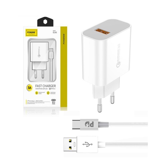 Foneng Fast USB Wall Charger EU46 with Type C Cable 3A White Foneng Fast USB Wall Charger EU46 with Type C Cable 3A White